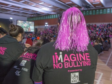 More than 1200 students packed the Education Gym at the U of S for a Pink Day rally, February 22, 2016. The students listened to guest speakers regarding bullying and were also entertained musically.