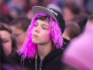 More than 1200 students packed the Education Gym at the U of S for a Pink Day rally, February 22, 2016. The students listened to guest speakers regarding bullying and were also entertained musically.