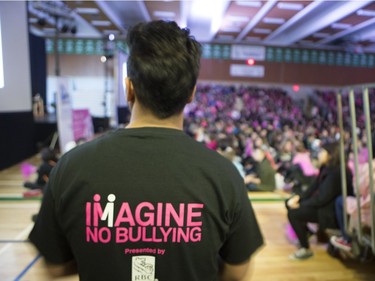 More than 1200 students packed the Education Gym at the U of S for a Pink Day rally, February 22, 2016. The students listened to guest speakers regarding bullying and were also entertained musically.