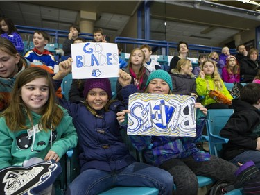 The lower bowl in SaskTel Centre was packed in the morning on February 22, 2016 as schoolchildren made up the audience in a rare day game for the Saskatoon Blades against the Brandon What Kings.