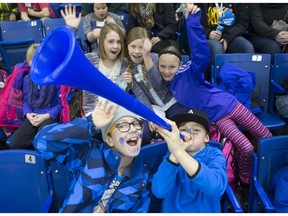 The lower bowl in SaskTel Centre was packed in the morning on Monday, Feb. 22, as school kids made up the audience in a rare day game for the Blades against Brandon.  Laeten, of Hugh Cairns School, blows the horn.