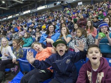 The lower bowl in SaskTel Centre was packed in the morning on February 22, 2016 as schoolchildren made up the audience in a rare day game for the Saskatoon Blades against the Brandon Wheat Kings.