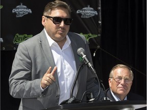 Edmonton Rush owner  Bruce Urban announces the move of the National Lacrosse League Champions to Saskatoon, Tuesday, July 21, 2015 in a news conference in Saskatoon. Mayor Don Atchison was on hand for the announcement.