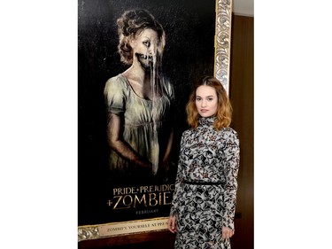 Actor Lily James poses at the Screen Gems' "Pride and Prejudice and Zombies" photo call at the London Hotel on January 22, 2016 in West Hollywood, California.