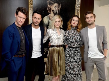 L-R: Actors Matt Smith, Jack Huston, Bella Heathcote, Lily James and Douglas Booth pose at the Screen Gems' "Pride and Prejudice and Zombies" photo call at the London Hotel on January 22, 2016 in West Hollywood, California.