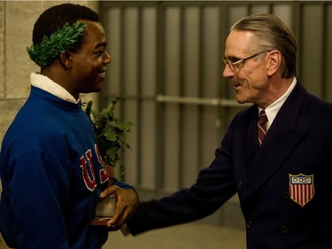Stephan James, as Jesse Owens (L) and Jeremy Irons as Avery Brundage in "Race," a Focus Features release.