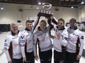 Steve Laycock team celebrates 2016 Saskatchewan men's curling championship on Feb. 7 in Kindersley. Left to right: Coach Lyle Muyres, lead Dallan Muyres, second Colton Flasch, third Kirk Muyres, skip Steve Laycock.