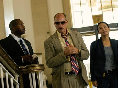 L-R: Terence Rosemore, Woody Harrelson and Michelle Ang star in "Triple 9."