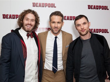 L-R: Actors TJ Miller, Ryan Reynolds and Ed Skrein pose for photographers upon arrival at a fan screening of "Deadpool" in London, England, January 28, 2016.
