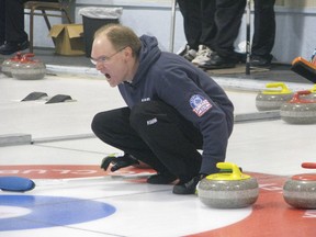 Troy Robinson, third for Randy Bryden's rink, calls a shot Friday during the provincial tankard in Kindersley.