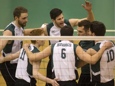 The University of Saskatchewan Huskies celebrate a point against the University of Regina Cougars in CIS Men's Volleyball action on Saturday, February 20th, 2016.