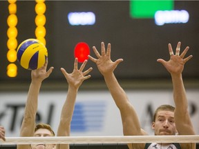 University of Saskatchewan Huskies setter CJ Gavlas, left, and blocker Tyler Epp settled for fourth at the CIS men's volleyball championship at Hamilton, Ont.