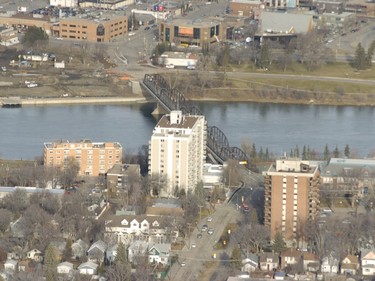 An aerial view of the Traffic Bridge in Saskatoon in 2005.