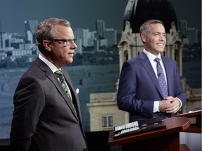 Saskatchewan Party leader Brad Wall (left) and NDP leader Cam Broten during the Leaders Debate at the Regina CBC headquarters. BRYAN SCHLOSSER