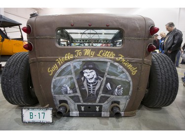 A hand painted back panel and a 50-calibre gun sight mounted on the rear window of Owen Jeancart's 1929 Model A Ford custom made to resemble a Second World War B17 bomber at the Draggins 56th annual Car Show at Prairieland Park on Friday, March 25th, 2016.