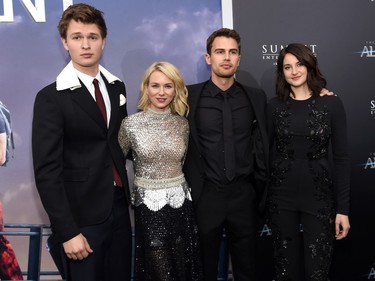 L-R: Actors Ansel Elgort, Naomi Watts, Theo James and Shailene Woodley attend the New York premiere of "The Divergent Series: Allegiant" at the AMC Lincoln Square Theatre on March 14, 2016 in New York City.