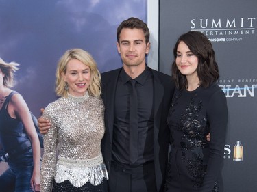 L-R: Actors Naomi Watts, Theo James and Shailene Woodley attend "The Divergent Series: Allegiant" New York premiere at AMC Loews Lincoln Square 13 Theatre on March 14, 2016 in New York City.