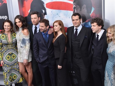 L-R: Actors Diane Lane, Gal Gadot, Ben Affleck, Amy Adams, Henry Cavill, Jesse Eisenberg and Holly Hunter attend the "Batman V Superman: Dawn of Justice" New York premiere at Radio City Music Hall on March 20, 2016 in New York City.