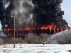 An old railway bridge outside Porcupine Plain, Sask. burned down Friday, March 25, 2016.