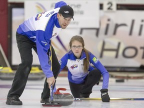 Jim Cotter and daughter Jaelyn compete together at the Canadian mixed doubles curling championship at the Nutana Curling Club in Saskatoon, March 31, 2016.