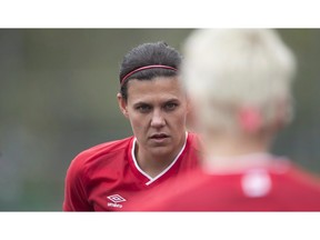 Canadian women's soccer team member Christine Sinclair looks on during a training session in Vancouver, B.C. Wednesday, April 21, 2015.
