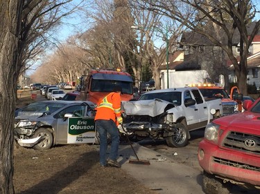 Police are on the scene after a report of a man crashing into five parked vehicles and running away from the scene in Saskatoon Thursday morning, March 31, 2016.