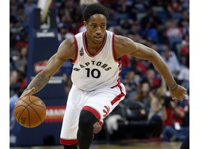 Toronto Raptors guard DeMar DeRozan (10) drives the lane in the first half of an NBA basketball game against the New Orleans Pelicans in New Orleans, Saturday, March 26, 2016. The Raptors won 115-91.