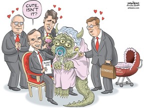 Editorial Cartoon by Graeme MacKay, The Hamilton Spectator – Tuesday March 22, 2016  Ottawa's deficit-spending budget  Who'd have thought that a government's deficit-spending budget would garner such universal support?  But most business groups, usually the shrillest of critics, are behind the Liberal government's plans. This backing includes support from the Canadian Chamber of Commerce, Canadian Manufacturers and Exporters, economists at the big banks and several think tanks. And this, even though the budget may see a $30 billion deficit when unveiled in Ottawa Tuesday.  It says a lot about how the world has changed. In the past decade, many economic assumptions have been turned upside down. Many attitudes have also changed.  Who would have once thought that our central bank would be trying to stoke inflation, rather than crush it? Or that instead of worrying about rising interest rates killing the economy, we'd be worried that falling rates killing the economy? Or that it would okay for central banks to create trillions of dollars out of thin air?  This new consensus is really a capitulation. It says that, after eight years of manipulating interest rates, that policy hasn't worked. No amount of pushing on that string has created growth.  So it's time to pull lever number two, fiscal policy. You spend money you don't have (but promise to pay back). You hope to stimulate demand so that businesses will follow along and economic activity will increase.  Central banker Stephen Poloz delayed cutting Canada's key rate again in January from its lofty one half of one per cent for this reason. He wanted to see what Ottawa planned to do.  The frantic effort to get something going is as much about the future as the present. The concern is that when the next recession arrives -- which inevitably it will -- there will be nothing central banks can do. There'll be no ammunition left in the rate-cut gun.  Most economic expansions last between five and seven years. The current one i