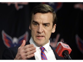 FILE - In this March 8, 2014, file photo, then Washington Capitals vice president and general manager George McPhee speaks during a news conference in Washington.