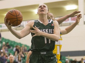 University of Saskatchewan Huskies guard Laura Dally goes in for a lay up against the University of Alberta Pandas in CIS women's basketball action last month. On Wednesday, Dally was named the Canada West most outstanding player. (Liam Richards/Saskatoon StarPhoenix)