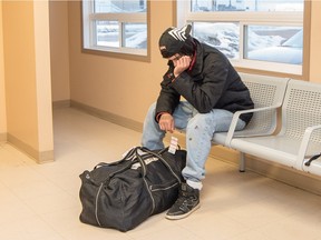 Jeremy Roy waits in the North Battleford bus depot for a bus bound to B.C. He says he was denied provincial funding to stay at the North Battleford Lighthouse homeless shelter. 
Photo by: Mcphedran Phocus (www.mphocus.com)