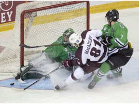 Saint Mary's University Huskies Stephen MacAulay is stopped by University of Saskatchewan Huskies goaltender Jordon Cooke and Josh Roach, right, in Canadian Interuniversity Sports hockey championship action in Halifax on Sunday, March 20, 2016.