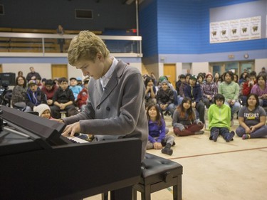 Jan Lisiecki, classical pianist, performs for students at Senator Myles Venne elementary school in La Ronge during a Cameco sponsored tour of northern Saskatchewan on March 3, 2016.