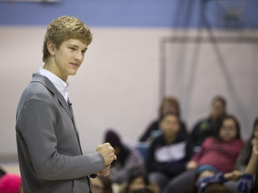 Jan Lisiecki, classical pianist, answers questions from students at Senator Myles Venne elementary school in La Ronge during a Cameco sponsored tour of northern Saskatchewan on March 3, 2016.