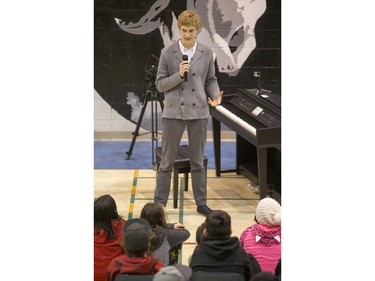 Jan Lisiecki, classical pianist, answers questions from students at Senator Myles Venne elementary school in La Ronge during a Cameco sponsored tour of northern Saskatchewan on March 3, 2016.