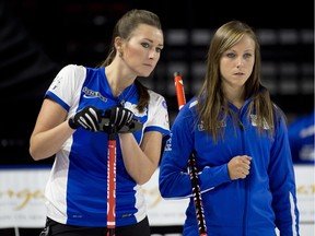 Emma Miskew (left) and Rachel Homan are curling on different teams at this week's Canadian mixed doubles curling championship in Saskatoon.