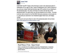 NDP candidate Jesse Todd is being criticized for a Facebook post asking for pictures of people going to vote in exchange for the chance to win a dinner at the Keg. (Jesse Todd/Facebook)