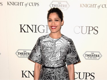 Actor Freida Pinto arrives at the premiere of Broad Green Pictures' "Knight of Cups" at the Theatre at Ace Hotel on March 1, 2016 in Los Angeles, California.