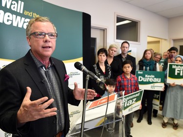 Saskatchewan Party leader Brad Wall speaks during a campaign stop at Saskatchewan Party candidate Muhammad Fiaz headquarters in Regina, March 24, 2016.