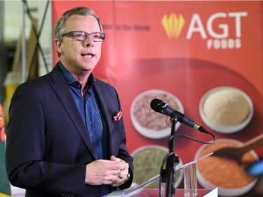 Saskatchewan Party leader Brad Wall speaks at Alliance Grain Traders in Regina during a campaign stop, March 29, 2016.
