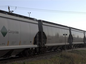 Canpotex railcars cross Highway 6 north of Regina.