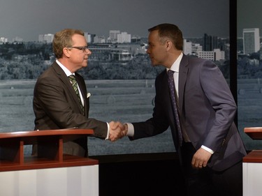 Saskatchewan Party leader Brad Wall (L) and NDP leader Cam Broten square off for the Leaders Debate at the Regina CBC headquarters, March 23, 2016.