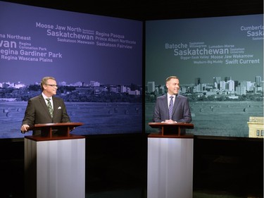 Saskatchewan Party leader Brad Wall (L) and NDP leader Cam Broten square off for the Leaders Debate at the Regina CBC headquarters, March 23, 2016.