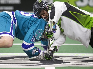 Saskatchewan Rush Jeremy Thompson #74  against the Rochester Knighthawks in NLL action on Friday, February 19th, 2016.