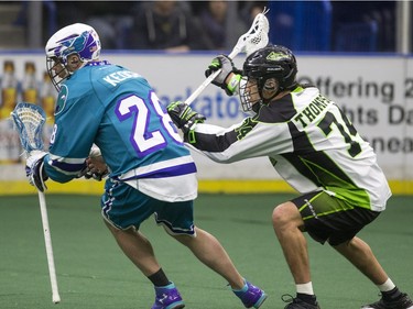 Saskatchewan Rush Jeremy Thompson #74  against the Rochester Knighthawks in NLL action on Friday, February 19th, 2016.