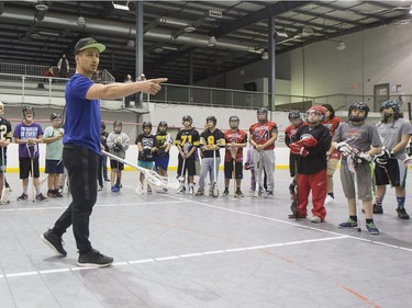 Saskatchewan Rush player Jeremy Thompson leads a lacrosse clinic at the Henk Ruys Soccer Centre on March 11, 2016.