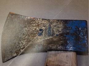 Saskatoon police seized this axe after it was stolen from a shed on 7th Street East, then used in a home invasion next door on Dec. 7, 2014. Donovan Assiniboine faces sentencing after pleading guilty to the theft and multiple home invasions. (court exhibit photo)