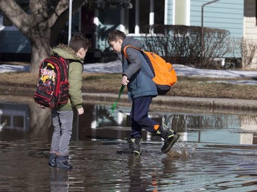 The mission of crossing the waters was aborted when these two young fellows had to turn back towards the sidewalk after taking on water in the winter boots that are not designed for the depths of this lake at the corner of Bottemley Avenue and Colony Street, March 10, 2016.