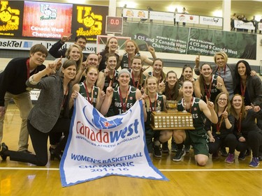 The University of Saskatchewan Huskies women's basketball team cheer as they defeat the University of Regina Cougars in the Canada West final in CIS action on Saturday, March 12th, 2016.