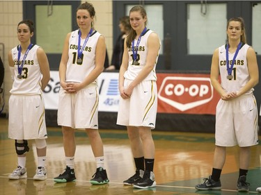 The University of Regina Cougars women's basketball team look on after being defeat by the  University of Saskatchewan Huskies in the Canada West final in CIS action on Saturday, March 12th, 2016.